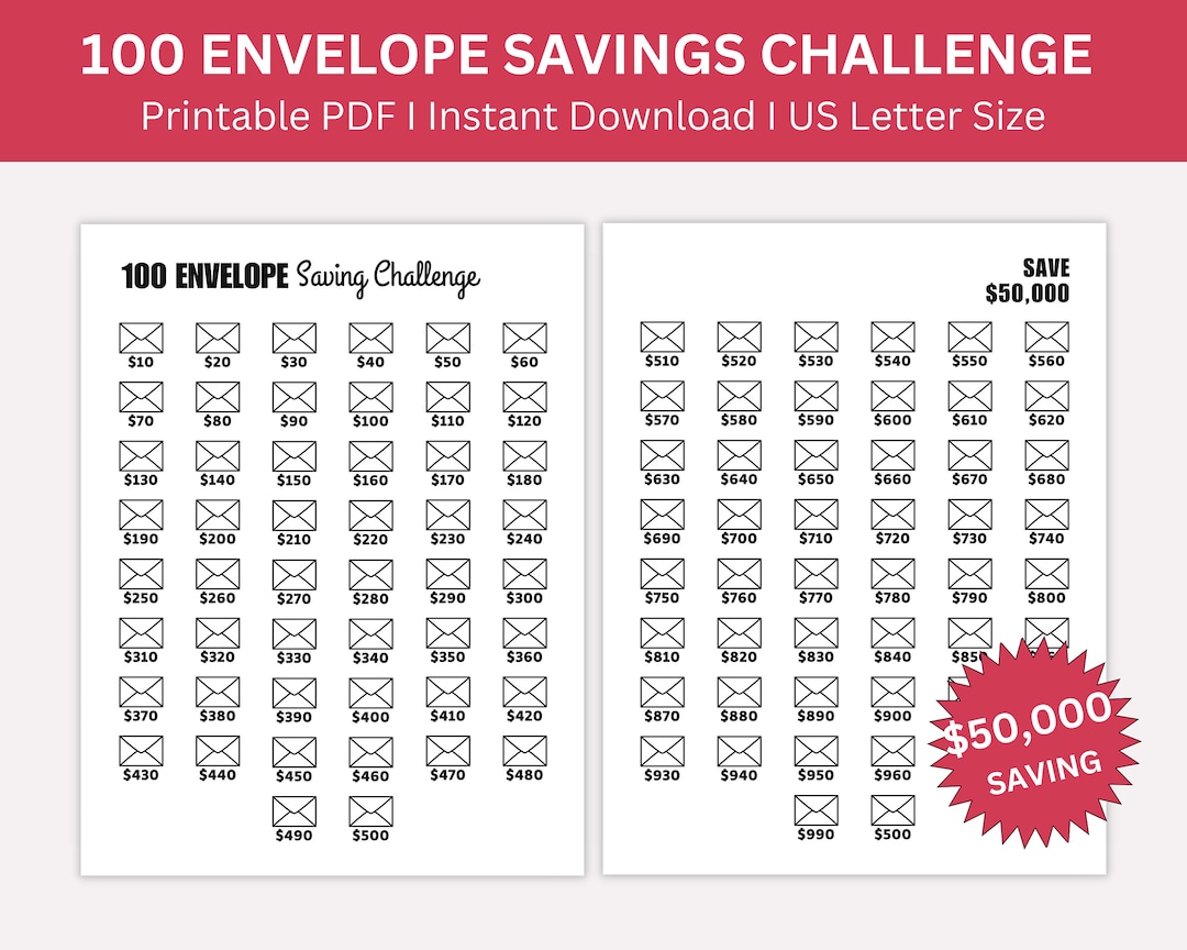 50k Saving Challenge Printable, 50000 Saving Challenges, 100 Envelope ...