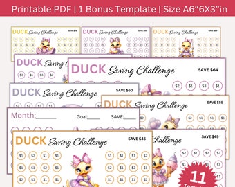 May include: Eleven printable duck-themed savings challenge charts in pink, yellow, and gold. Each chart features a cute cartoon duck and a space to track savings goals. The charts are designed to help children learn about saving money.