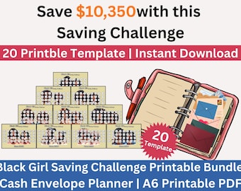 Melanin Savings Challenge Printable Bundle, Save 10350 Money Saving Tracker, A6 Cash Envelope Budget Planner PDF, Brown Girl Budget Planner