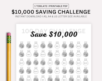 10K  Savings CHALLENGE Printable, 10,000 Saving Tracker, 10K Challenge, Savings Goal, Money Challenge, A4/A5 US Letter, Instant Download