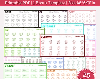 May include: A set of 25 printable travel savings challenge templates. Each template features a different category, such as wear, tip, internet, casino, car, bar, flight, and luggage. The templates are designed to help you save money for your next trip. The templates are in various colors, including pink, blue, green, orange, and red.