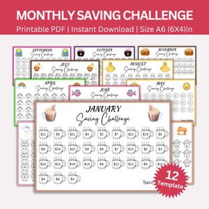 Maandelijkse besparingsuitdaging, 12 maanden besparingsuitdaging afdrukbaar, geldbesparingstracker, A6 maandelijks contant budget, envelopuitdagingsbinder