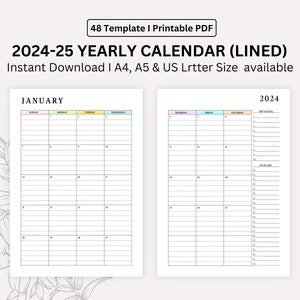 Calendario mensual 2024, 2025 para imprimir, con fecha en 2 páginas, vista general del mes, tamaño A4, A5, carta, media página, descarga instantánea