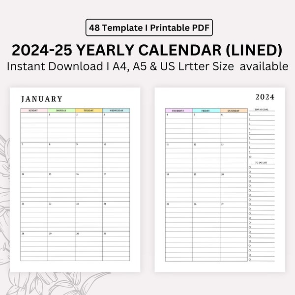 2024, 2025 Monthly Lined Calendar Printable, Dated Month on 2 Pages, Month At a Glance | A4/A5/Letter/Half | Instant Download