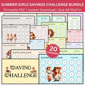Summer Vocation Girl Savings Challenge Printable Bundle, Cute Girl Summer Travel Saving Envelopes Challenges, Money Tracker Budget Binder