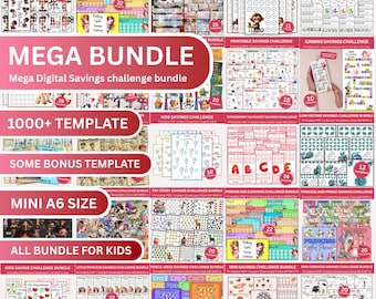 Kids Savings Challenge Mega Bundle 1000+ Templates, A6 Money Chart PDF, Cartoon Theme Budget Tracker, Cash Envelope Printable Kit