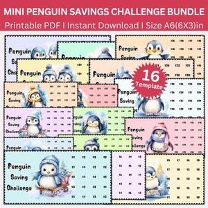 May include: A collection of 16 printable penguin-themed savings challenge templates. Each template features a different penguin illustration and savings goals, with amounts ranging from $50 to $300. The bundle is available as an instant download.