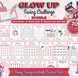 Op de afbeelding: Een roze en witte afdrukbare tracker pack met de titel "Glow Up Saving Challenge Bundle". Het pakket bevat 20 afdrukbare trackers voor verschillende spaardoelen, zoals huidverzorging, vakantie en noodfondsen. De afbeelding bevat ook make-up en beauty-artikelen.