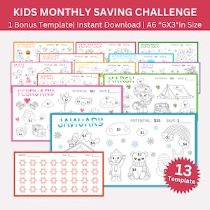 Monatliche Kinder-Spar-Challenge zum Ausdrucken, A6 Kinder Mini-Spar-Challenge, Kinder-Spar-Tracker-Karten, Spar-Challenge-Bundle für Kinder