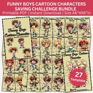 Funny Boys Cartoon Character Savings Challenge Printable Bundle, A6 Cartoon Cute Saving Envelopes Challenges, Money Tracker, Budget Binder