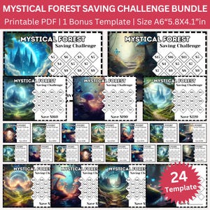 Op de afbeelding: Een bundel van afdrukbare PDF-spaaruitdagingen met een mystiek bos thema. De bundel bevat 24 sjablonen, elk met een uniek ontwerp en spaardoelen. De grootte is A6, ongeveer 14,7 x 10,4 cm.