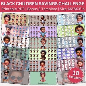 Cute Black Children Savings Challenge Printable Bundle, Black Kids Money Tracker, A6 Low Income Budget Tracker PDF, Kids Money Challenge