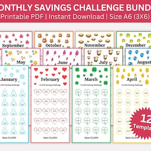 Monthly Savings Challenge Printable & Envelope Cash Tracker, 12 Month A6 Saving Challenge Printable Budget Bundle, Money Tracker Binder