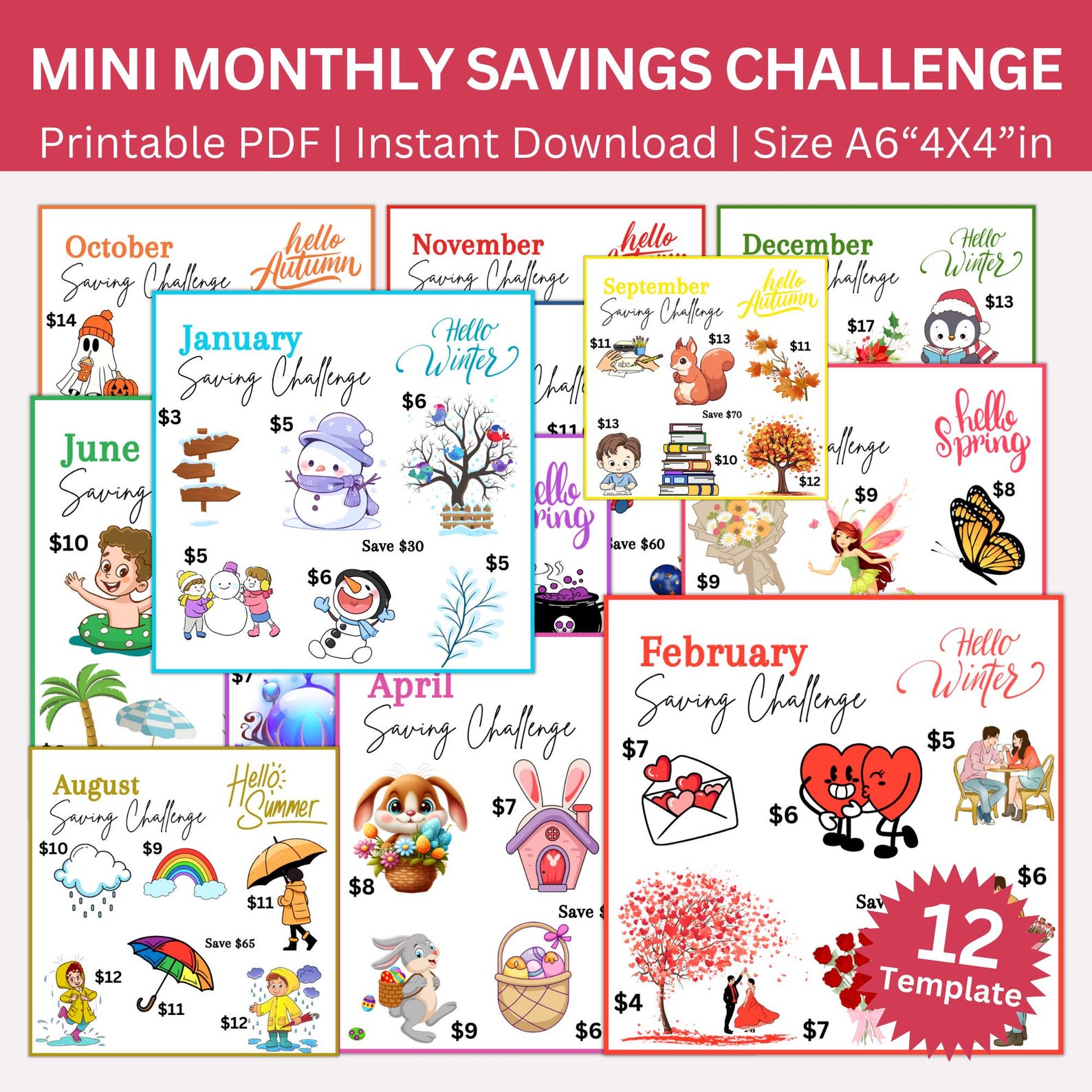 Mini Monthly Savings Challenge Printable Bundle, A6 Low-income Saving ...