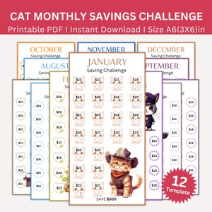 Cats Monthly Savings Challenge Printable, A6 Mini Cats Saving Challenge, kitty Money Savings Tracker, Monthly Pet Care Budget With Cat