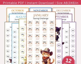 Cats Monthly Savings Challenge Printable, A6 Mini Cats Saving Challenge, kitty Money Savings Tracker, Monthly Pet Care Budget With Cat