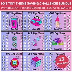 May include: A printable PDF saving challenge bundle with a 90's tiny theme. The image features 15 templates with retro graphics like a cassette player, sunglasses, and a Rubik's Cube. Each template has circles for tracking savings.