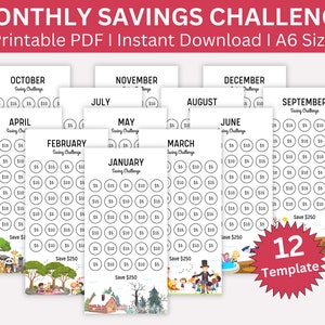 Low income Monthly Savings Challenge Printable Bundle, 12 Month Savings Challenge, Mini A6 Fits Size Money Saving Tracker Challenge