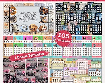 May include: A printable PDF bundle of 105 dog-themed savings challenge templates. The templates feature various dog breeds and a black panther design. The bundle includes a bonus template and is available in mini A6 size.