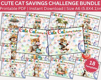 May include: A bundle of 18 printable Cute Cat Savings Challenge templates. Each card features a different illustrated cat with a savings goal, bubble accents, and the text "Cute Cat Saving Challenge". The size is A6 (5.8x4.1)in.