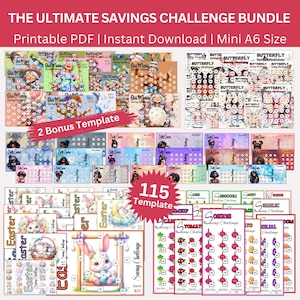May include: A digital download bundle of 115 printable savings challenge templates in mini A6 size. The templates feature various themes, including butterflies, Easter, and vegetables. The bundle includes two bonus templates. The text "The Ultimate Savings Challenge Bundle" is at the top of the image.