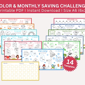 Monthly Savings Challenge, 12 Month Color Saving Tracker Printable Bundle, Money Savings Challenge, Monthly Budget, Envelope Challenges