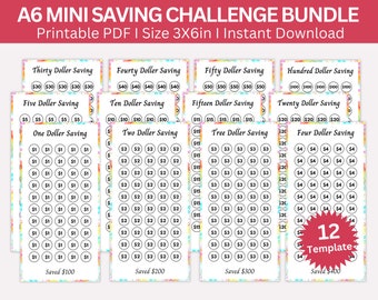 May include: A set of 12 printable A6-sized saving challenge trackers. Each tracker features a colorful background with a grid of circles representing dollar amounts. The trackers include amounts from $1 to $100. The text "12 Template" is in a red starburst.