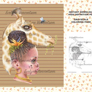 GIRAFFE Grayscale coloring page Instant Download PDF
