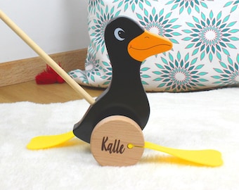 Wooden push-toy raven with personalization, gift for toddler's 1st birthday, learning to walk