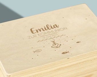 Erinnerungskiste Geschenk zur Kommunion, personalisierbare Erinnerungsbox "Meer" Erstkommunion aus Holz, Andenken Kommunion