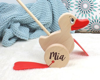 Wooden push animal duck with personalization, gift for toddler 1st birthday, learning to walk
