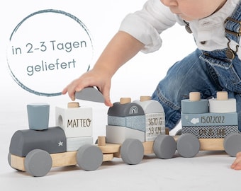 Eisenbahn Holzzug blau personalisierbar mit Namen und Geburtsdaten aus Holz, Geschenk Geburt Taufe Junge, Steckspiel Label Label