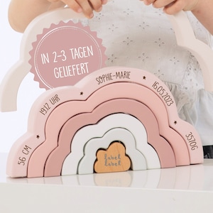 Stapel-Regenbogen Wolke rosa aus Holz personalisierbar, Geschenk zur Geburt Mädchen, Stapelspiel Label Label