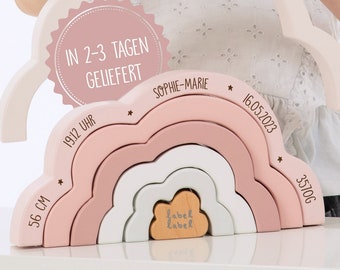 Stapel-Regenbogen Wolke rosa aus Holz personalisierbar, Geschenk zur Geburt Mädchen, Stapelspiel Label Label