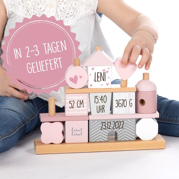 Stapelspiel rosa personalisierbar mit Namen und Geburtsdaten, Geschenk Geburt Taufe Mädchen, Steckspiel Haus Label Label