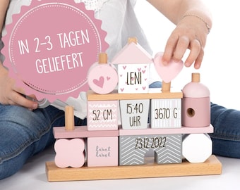 Pink stacking game, customizable with name and birth details, baby gift for girls, house-shaped stacking game, label label