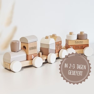 Personalized wooden train in nougat with name and birth details, baby gift for boys and girls, wooden train label