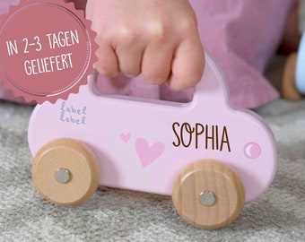Baby gift birth girl, toy car pink personalized with name, christening gift girl, toy toddler, label label