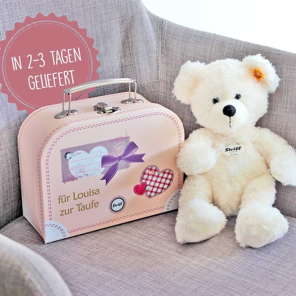 Steiff-Teddy für Mädchen, Geschenk Mädchen zur Taufe, Steiff-Bär Lotte im rosa Reisekoffer personalisierbar