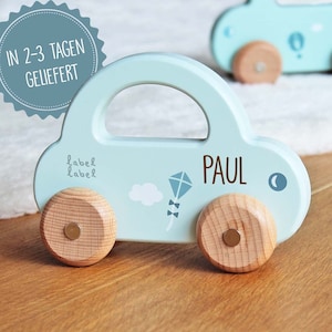 Babygeschenk Geburt Junge, Spielzeugauto blau mit Name personalisiert, Taufgeschenk Junge, Spielzeug Kleinkind, Label Label