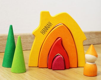 Montessori dwarf house with personalization, colorful building blocks stacking game with name, gift boy girl, evolution goki