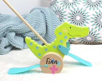 Wooden push-toy crocodile with personalization, gift for toddler's 1st birthday, learning to walk