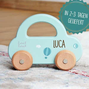 Babygeschenk Geburt Junge, Spielzeugauto mint mit Name personalisiert, Taufgeschenk Junge, Spielzeug Kleinkind, Label Label