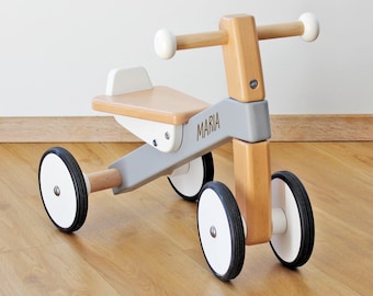 Tricycle draisienne personnalisable, porteur en bois Bajoycyle, cadeau 1er anniversaire, draisienne avec nom