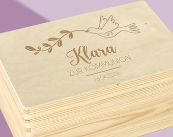 Erinnerungskiste Geschenk zur Kommunion, personalisierte Erinnerungsbox Erstkommunion Taube aus Holz, Andenken Kommunion