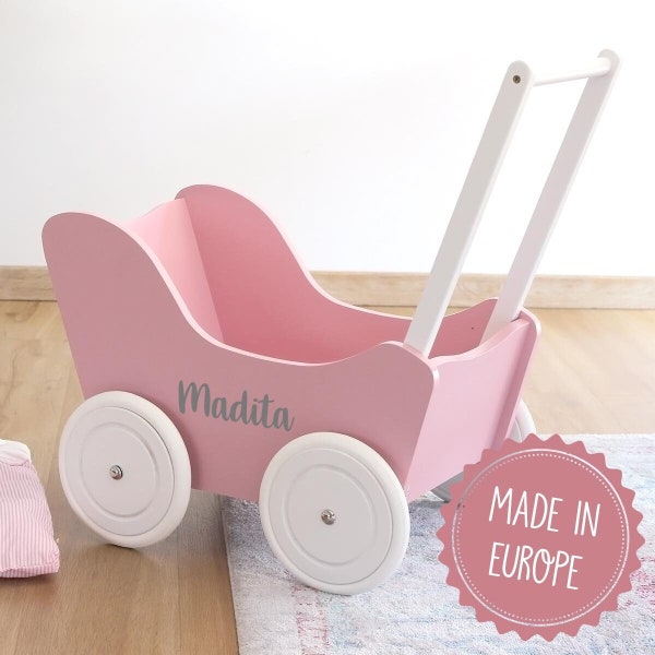 Puppenwagen Lauflernwagen Rosa, Geschenk Geburtstag Mädchen, Puppenwagen rosa aus Holz