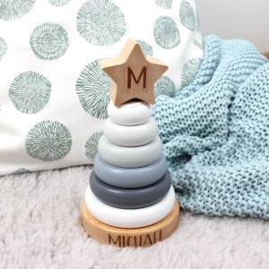 Stacking tower personalized made of wood, stacking game for babies & children, wooden toys JaBaDaBaDo, gift birth