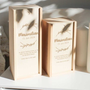 Candle box with laurel wreath for baptismal candle, baptism gift, godparent gift for baptism with personalization, storage for baptismal candle