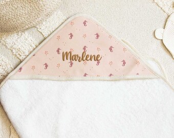 Kapuzenhandtuch Baby Seepferdchen rosa personalisierbar, Handtuch rosa mit Namen, Handtuch Baumwolle Fresk, Geschenk Geburt Mädchen