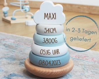 Personalized stacking tower with name and birth details, blue wood, gift for a boy's birth or christening, stacking toy, label label